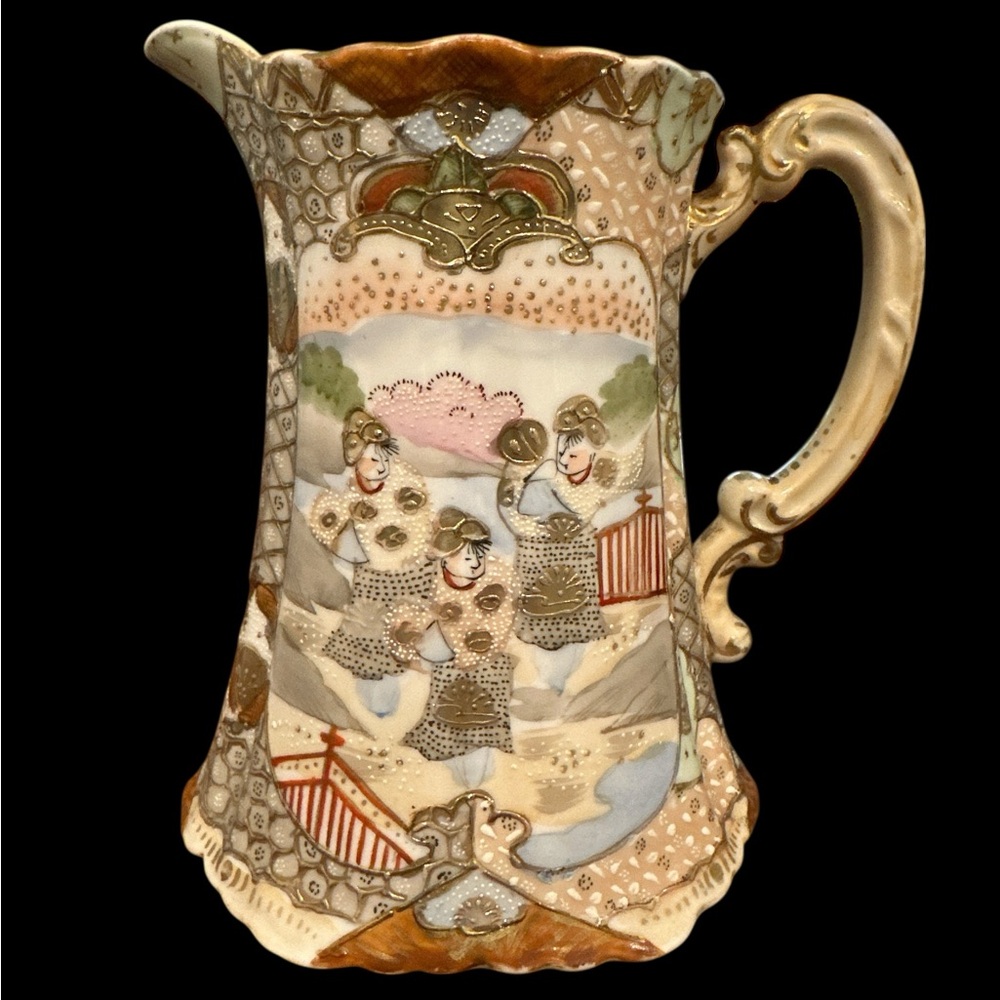 Antique Nippon Royal Satsuma Imari Pitcher Hand Painted Detailed Gold Moriage